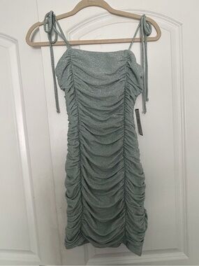 Tie-Shoulder Ruched Sage Green Party Dress